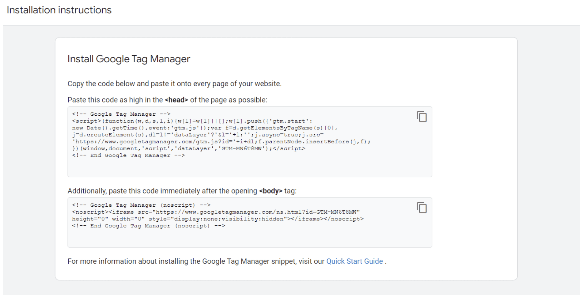 Intallation instruction for Google Tag Manager